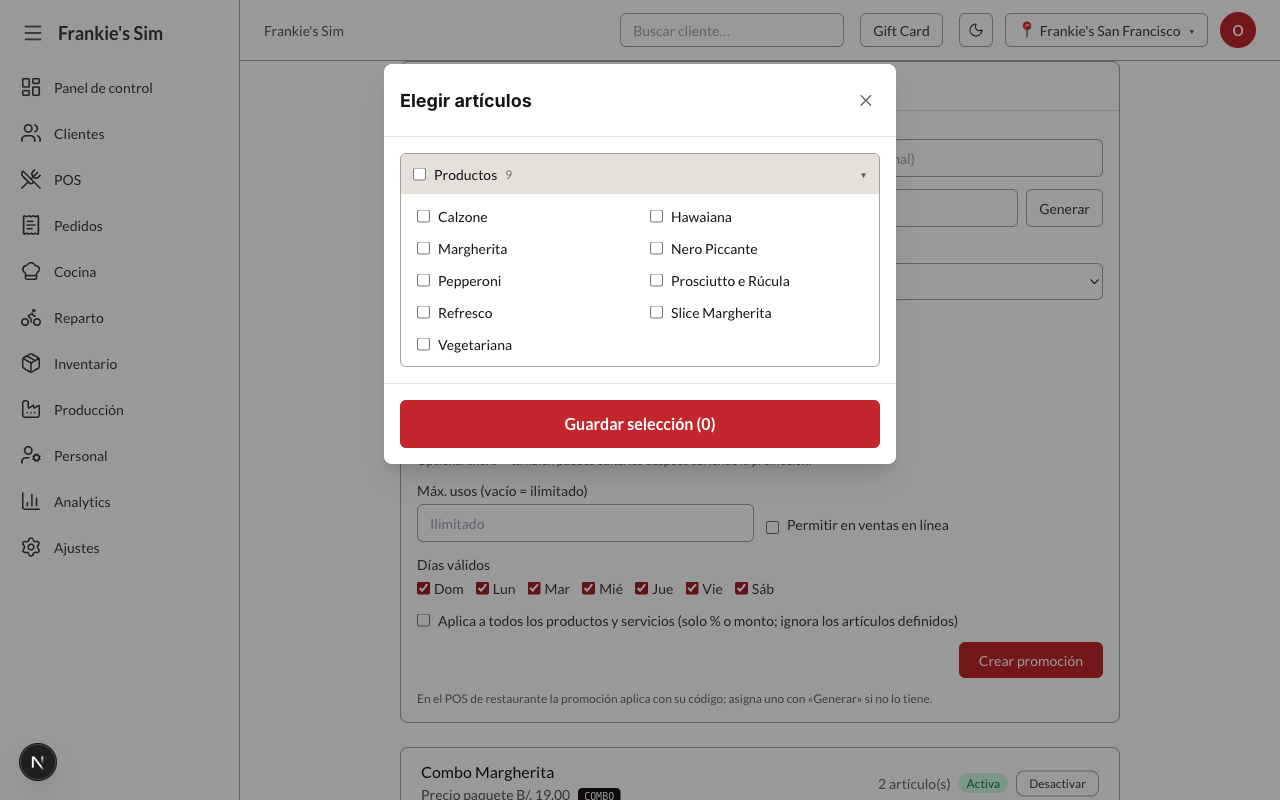 Modal Elegir artículos con los 9 productos