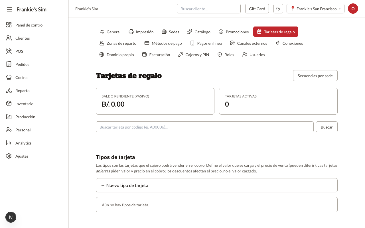 Tarjetas de regalo con el pasivo en B/. 0.00
