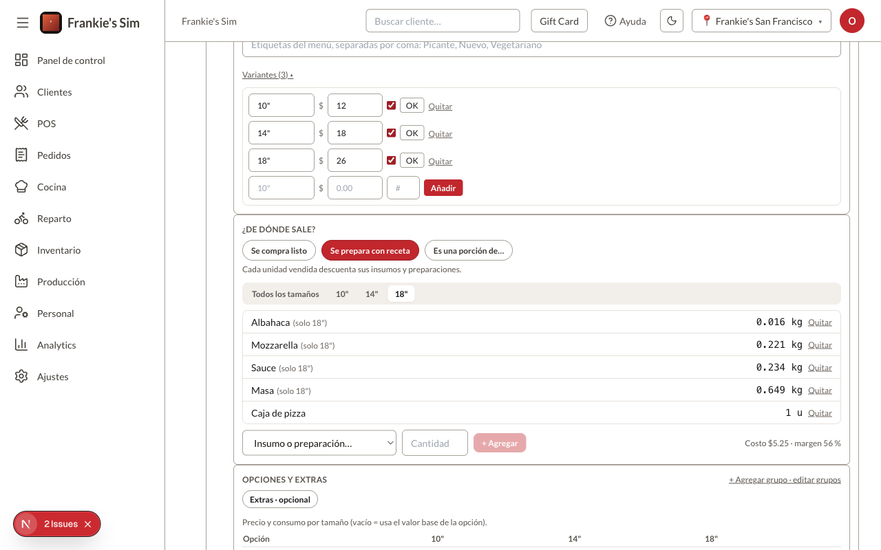 Receta de la variante 18": filas propias y costo actualizado
