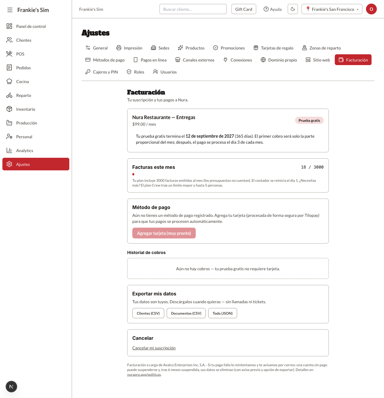 Plan, prueba gratis, contador de facturas, método de pago, historial, exportación y cancelación