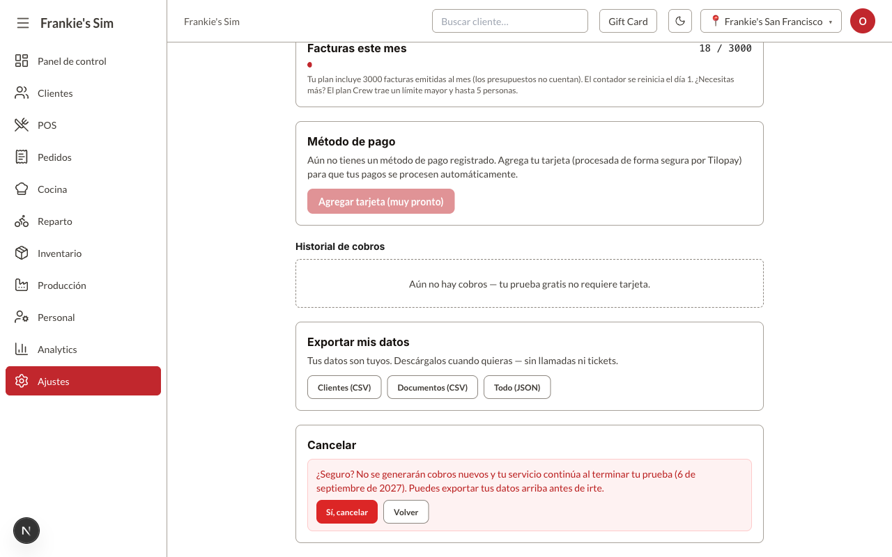 La confirmación de cancelación con «Sí, cancelar» y «Volver»