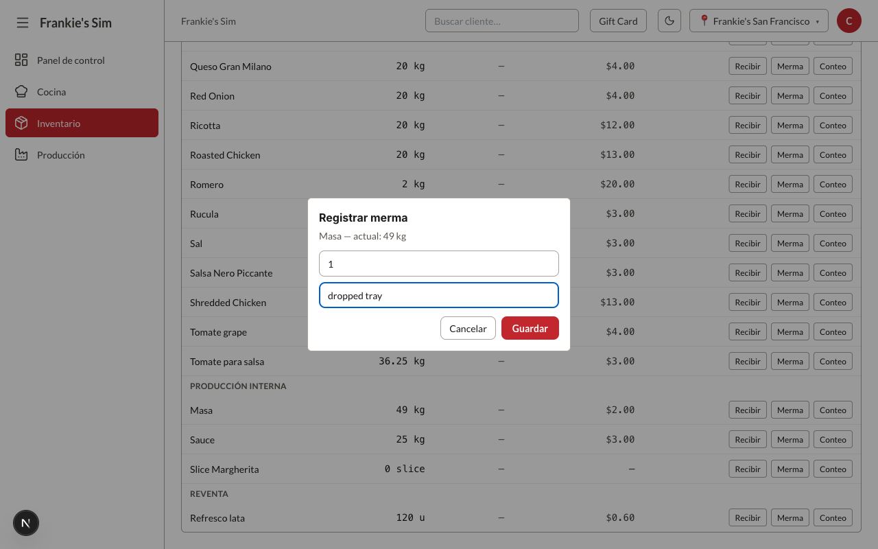 Diálogo Registrar merma sobre la Masa