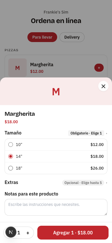 Hoja del producto con los tres tamaños