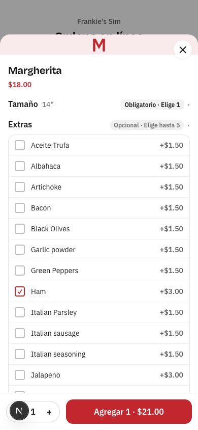 Lista de extras con Ham marcado