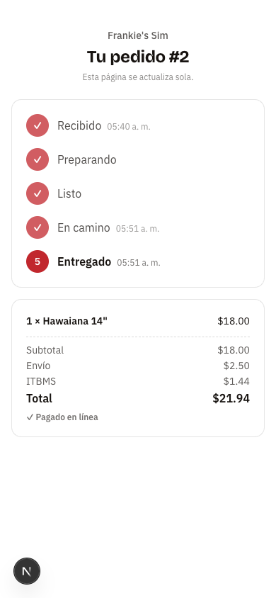 Pedido de delivery ya entregado