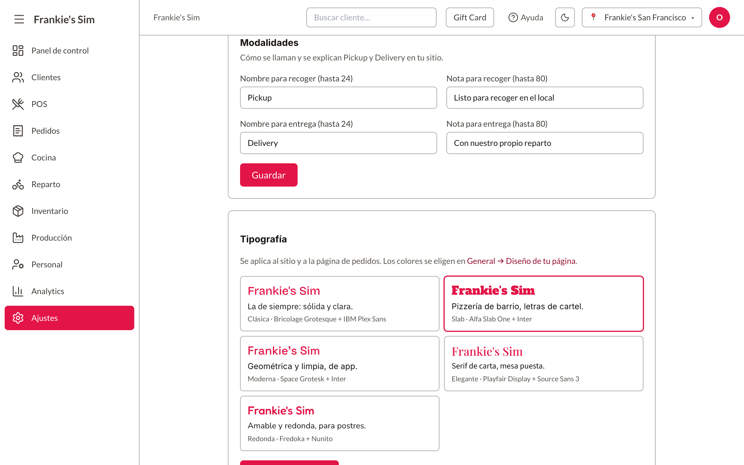 Tarjeta Modalidades con los cuatro campos