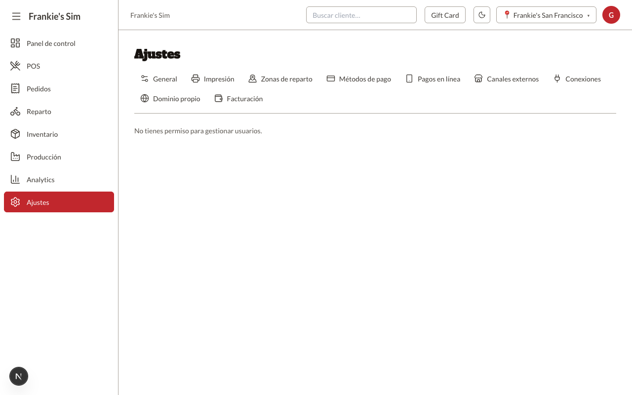 El gerente abre /ajustes/usuarios y solo ve el aviso de permiso